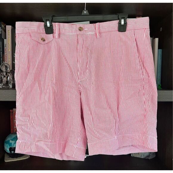 🐿️ Polo Ralph Lauren Stretch Straight Fit Pink & White Seersucker Stripe Size 34 - Picture 1 of 6